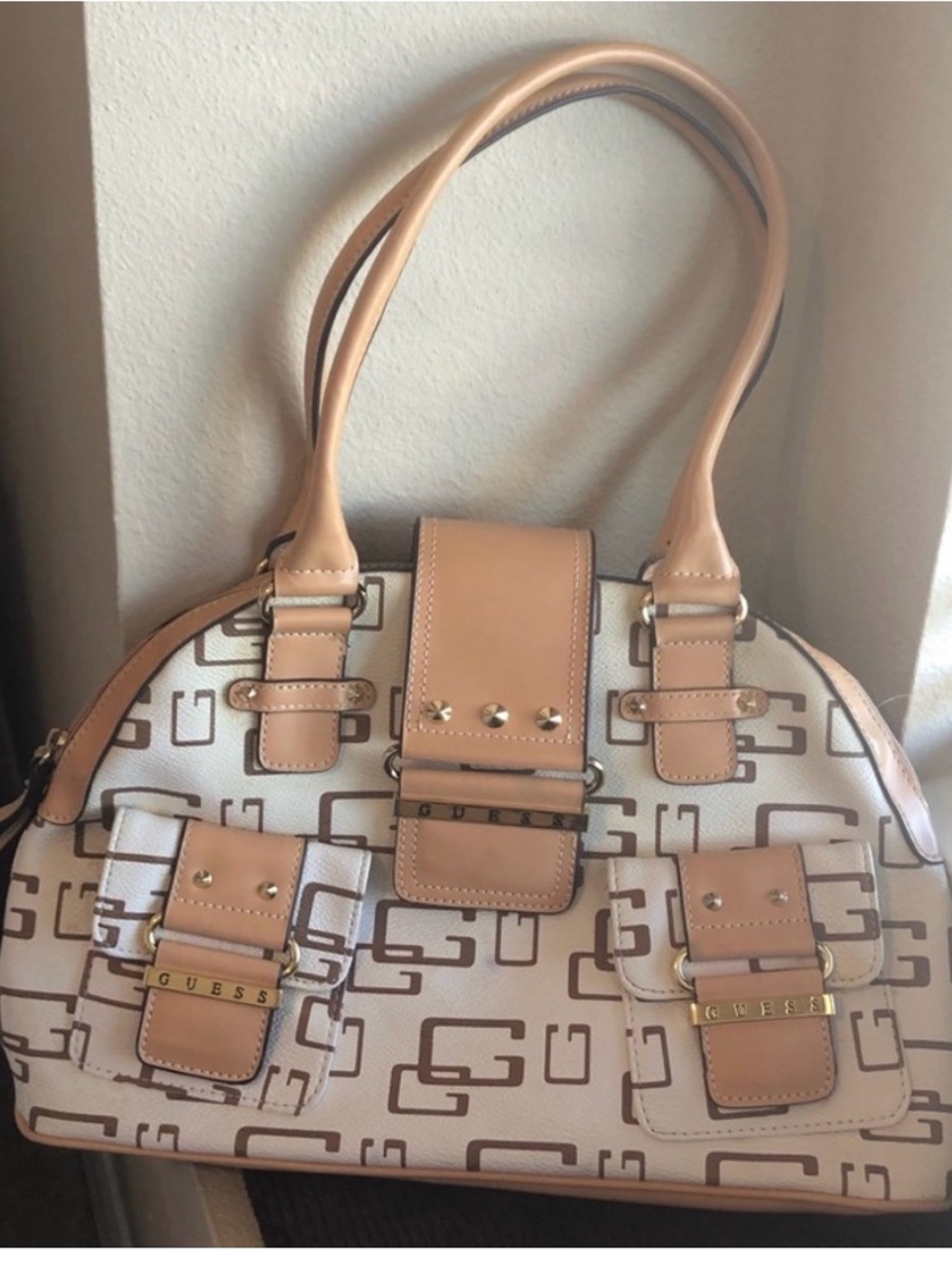 GUESS Beige & Tan Logo Satchel with Gold Hardware
